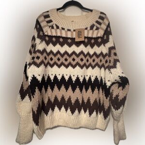 NWT Kori America Sz Large Brown and Cream Fair Isle Patterned Sweater w/ cuffs